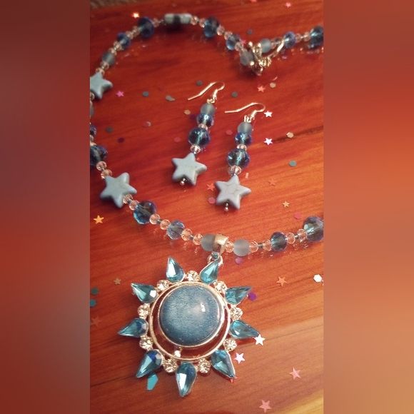 Sunburst Star Sunstone Rhinestone Crystal Turquoise Pendant Necklace Earrings - Picture 5 of 11